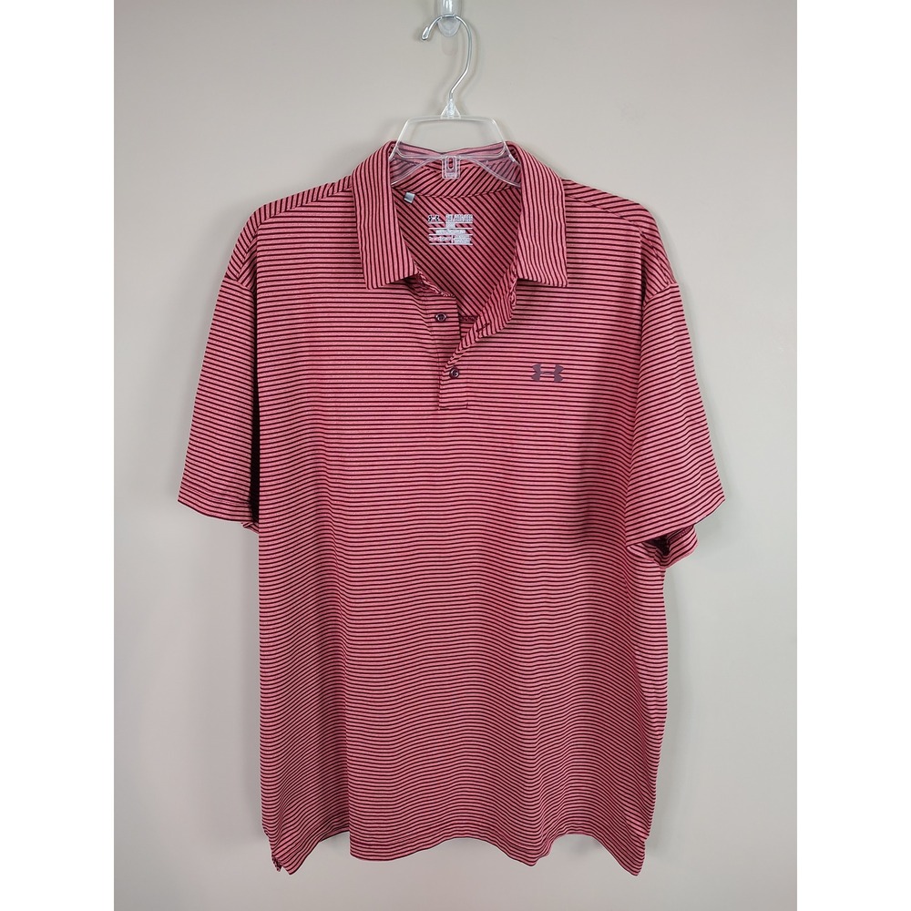 Under Armour Mens HeatGear Striped Polo Shirt Red Black 2XL Loose Short Sleeve